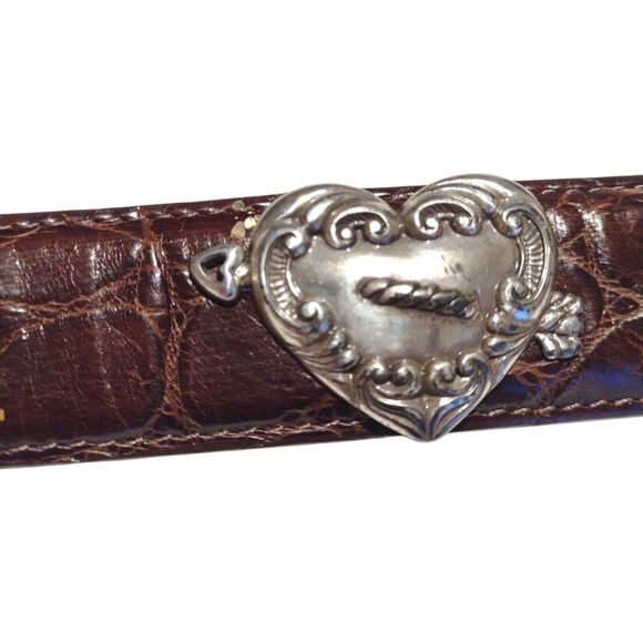Brighton Belt Brown Croc Embossed Leather Silver Heart Conchos Small USA Vintage - Picture 9 of 16